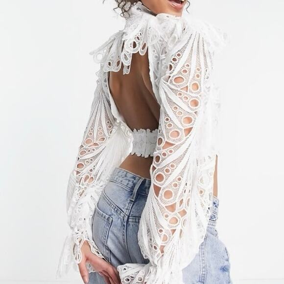 ASOS LUXE Backless Eyelet Ruffle Neck Top Sizes 0 and 4  White Lace Long Sleeve - Picture 2 of 13